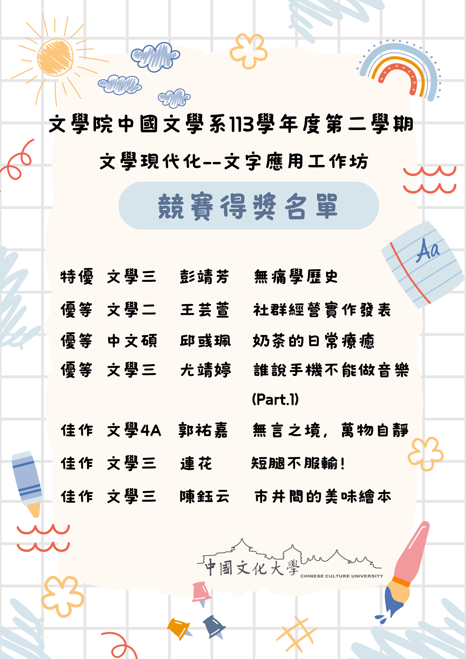 文字應用工作得獎名單海報